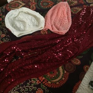 Two hats and a red sequin Betsey johnson scarf