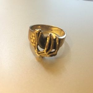 Skeleton hand flat ring holding black stone