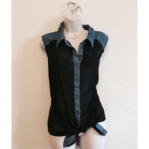 Black Button Down w/ Denim Collar