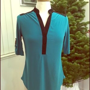 Teal Green and Black 3/4 sleeve Blouse