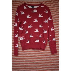Red and White Bird Print Sweater