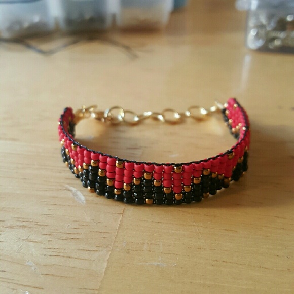 Beaded Red, Black, and Gold Bracelet