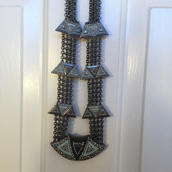 Long Dark Silver, Crystal, and Teal Bulky Necklace