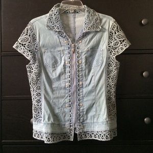 Denim and lace collared shirt