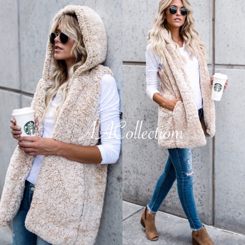 Sherpa Faux Fur Vest jacket coat trendy sold - Picture 3 of 8