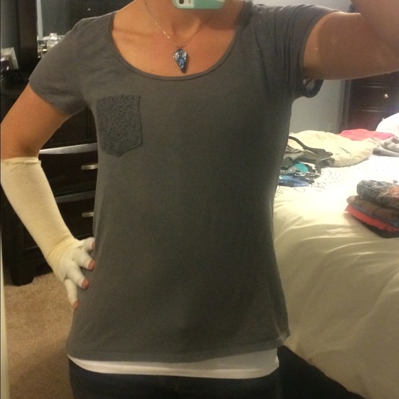 SO Grey Top w/ Lace Pocket & Lace Detail on Back