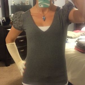 Express Gray with Lace Short Sleeved Sweater