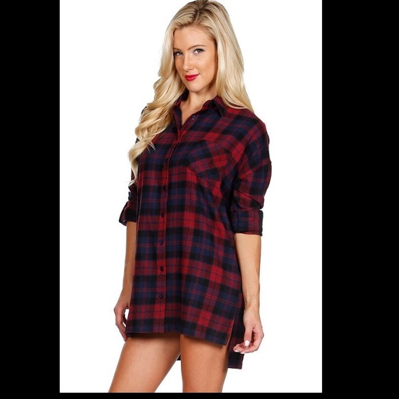 π Plaid Print Button Down Long Tunic Shirt Dress - Picture 2 of 4