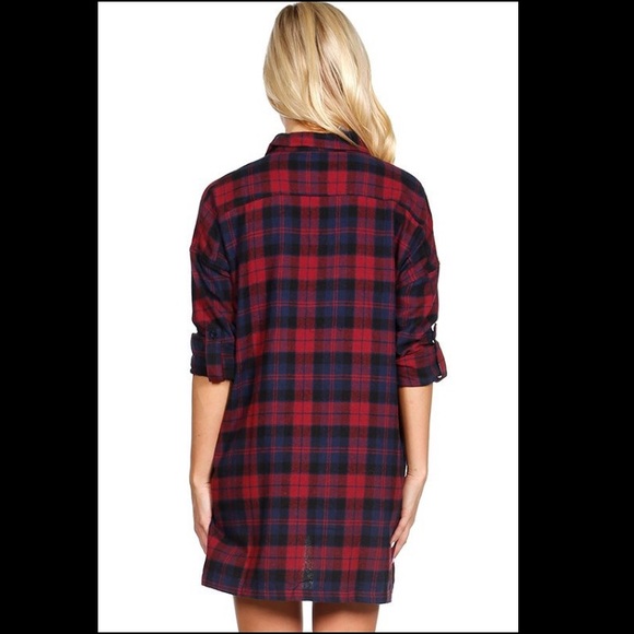 π Plaid Print Button Down Long Tunic Shirt Dress - Picture 4 of 4