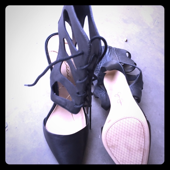 Sexy straps Jessica S black tall heels