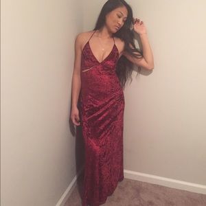 Wine velvet long halter dress