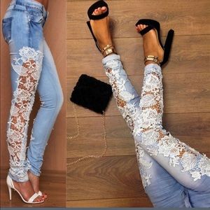 Lace floral casual high waist denim
