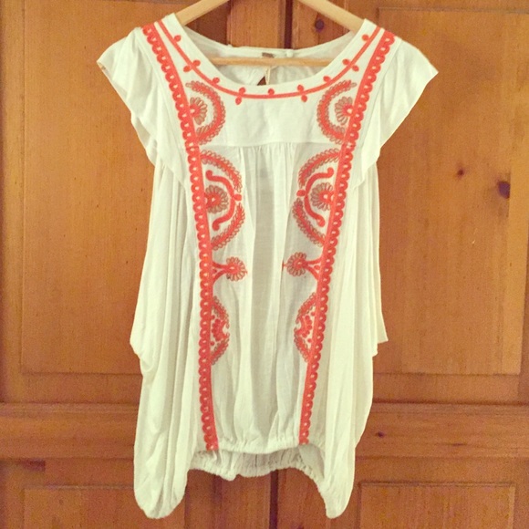 White and Coral Free People Large Blouse