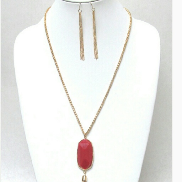 Southern Style Oval Stone Tassel Drop Necklace Set - Picture 2 of 3