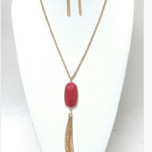 Southern Style Oval Stone Tassel Drop Necklace Set - Picture 3 of 3