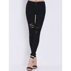 High Waist Ripped Denim Black Pant Jeans