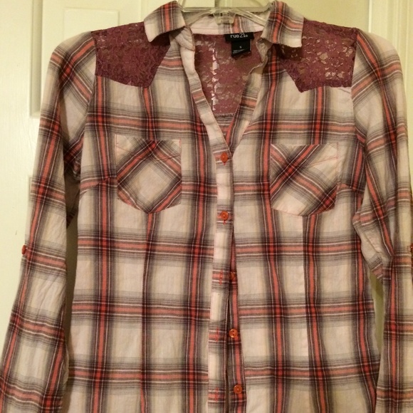 Rue 21 Plaid Button Down with Lace Trim