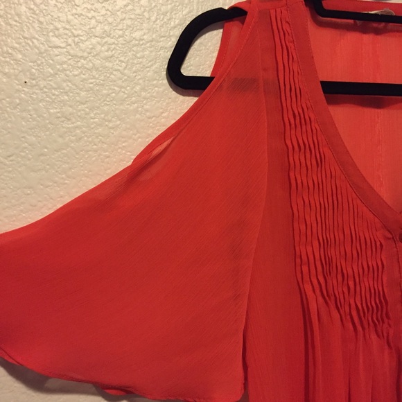 Pleated Orange Blouse with Peek-A-Boo Sleeves - Picture 2 of 3
