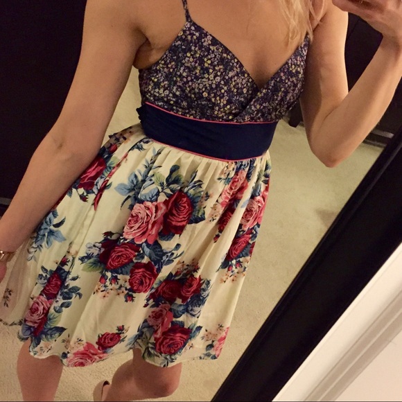 Navy Blue Yellow Pink Floral Dress XS