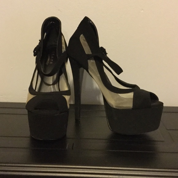 Black velvet and mesh spike platform heels