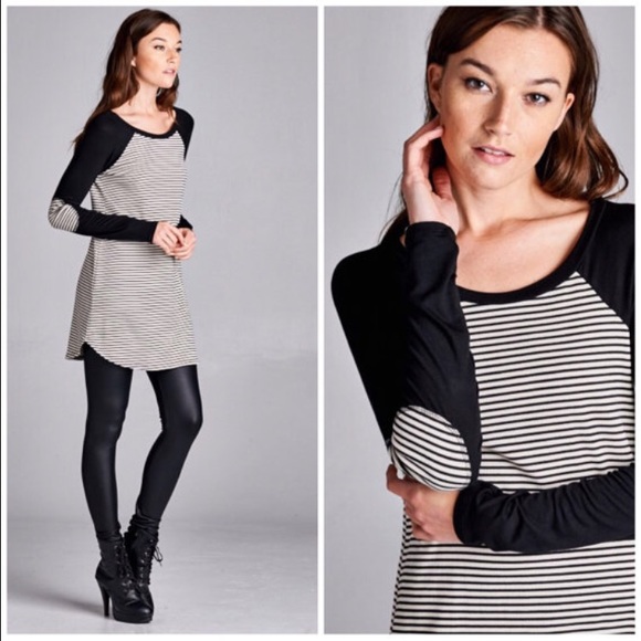 🆕Striped Contrast Tunic Top Dress w Elbow Patches - Picture 2 of 4