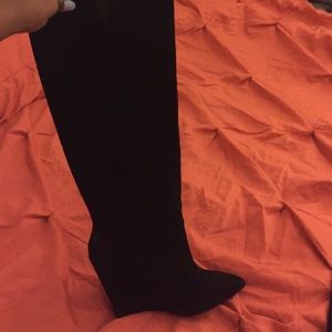 Black wedge knee high boot