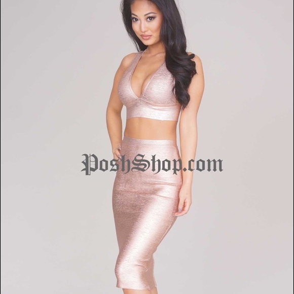 2 piece metallic rose gold bandage skirt and top