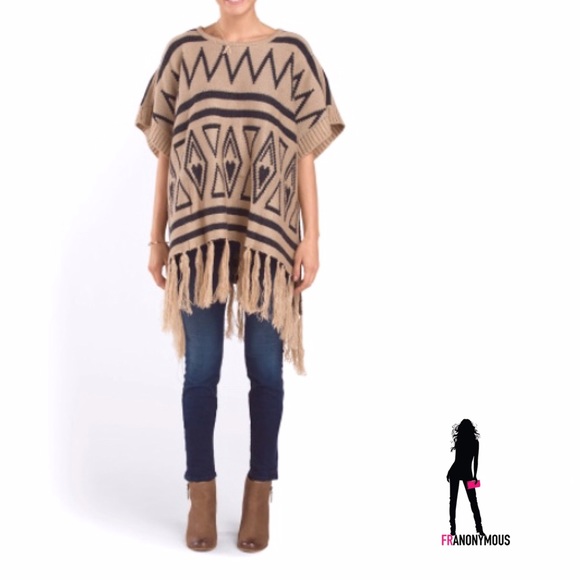 Evelyn K Sweaters - Black and Beige Tribal Pattern Fringe Poncho OSFM