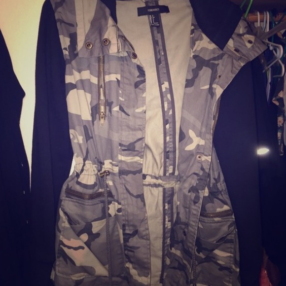 F21 camo print leather sleeves jacket
