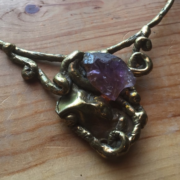 Vintage stunning brass brutalist amethyst collar necklace - Picture 2 of 4