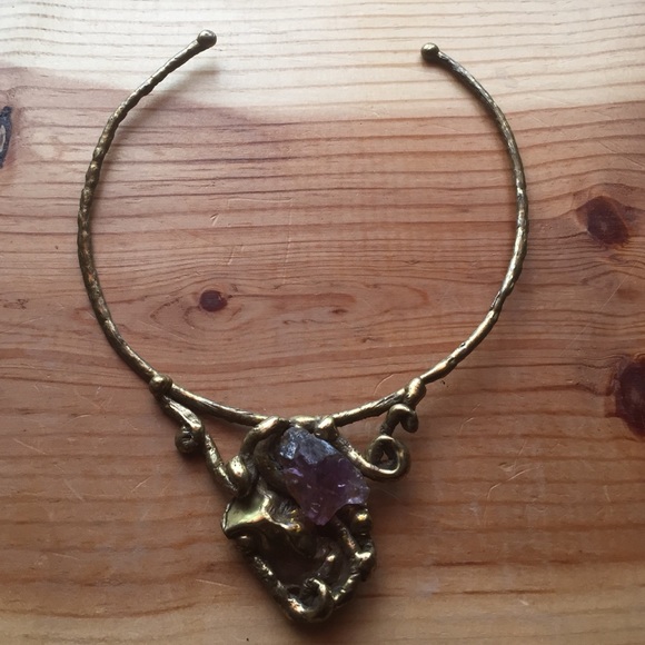 Vintage stunning brass brutalist amethyst collar necklace - Picture 3 of 4