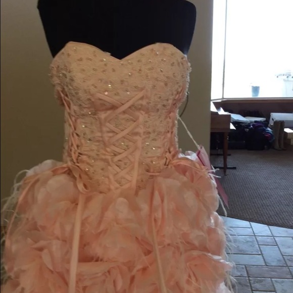 Formal pink feather and floral hi-low dress. - Picture 2 of 4