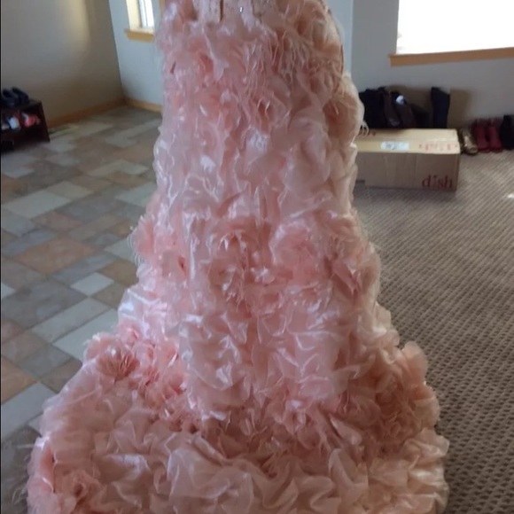 Formal pink feather and floral hi-low dress. - Picture 3 of 4