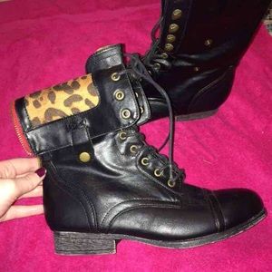 Black fold over leopard print combat boots