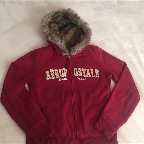 ❤️ Aeropostale Red Fur Lined Zip Hoodie Size L ❤️
