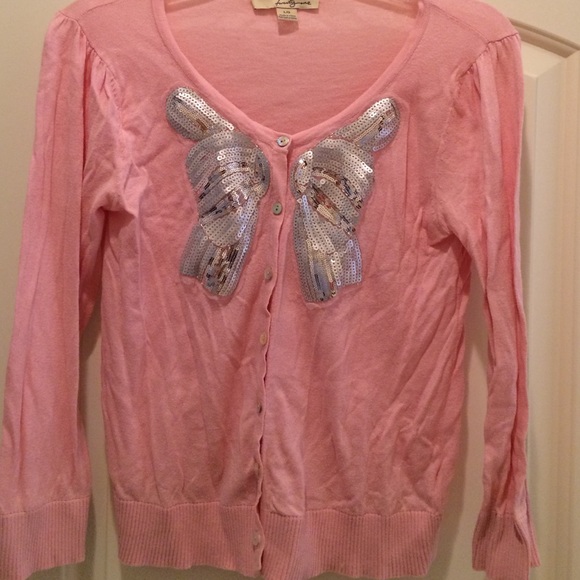 3/4 length sleeve pink button down sweater