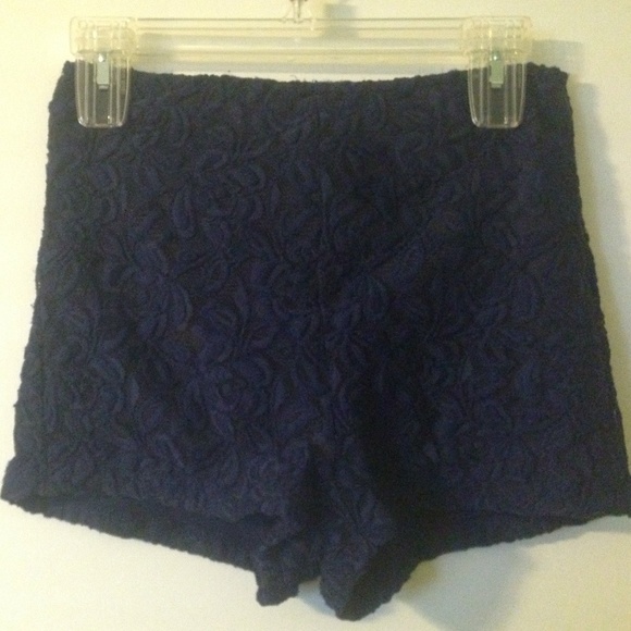 Navy High Waisted Shorts with Floral Crochet Lace - Picture 2 of 3