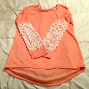 Pink long sleeve scoop neck with white lace detail