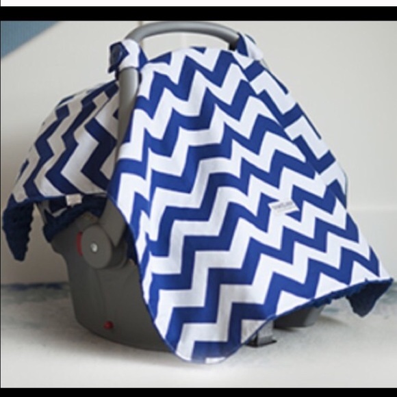 Blue and white car seat canopy