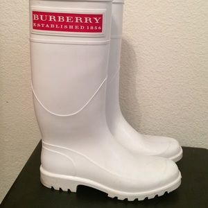White Burberry rubber rain boots.