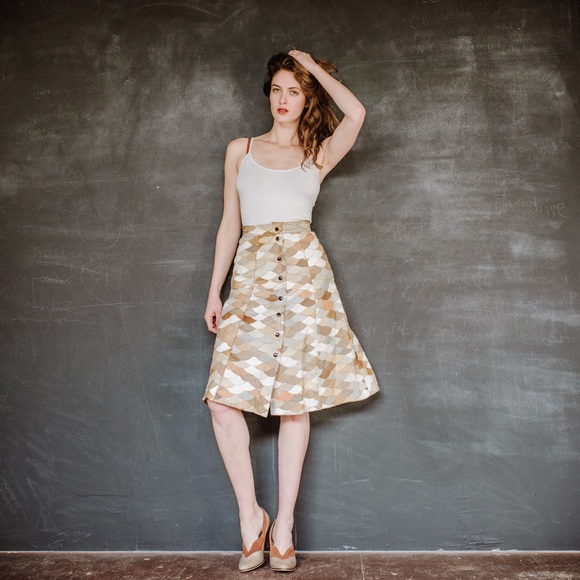 Vintage leather scallop patchwork button up skirt