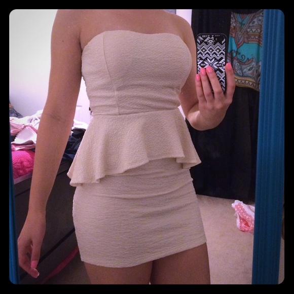 Strapless Cream/Gold Peplum Mini Dress