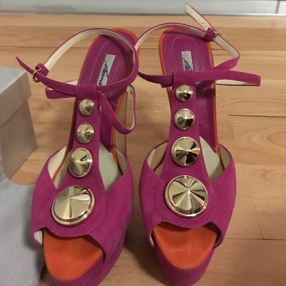 Brian Atwood Suede Platform Pumps Pink Orange Gold - Picture 3 of 6