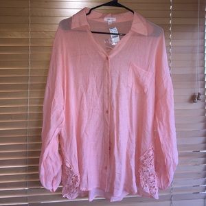 Peach button up sheer blouse