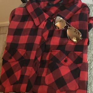Sheer red & black checkered plaid button up blouse
