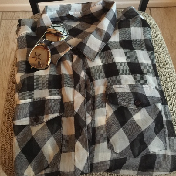 Sheer black & white plaid button up blouse