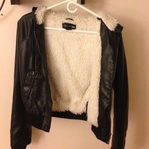 Hooded faux leather jacket f21