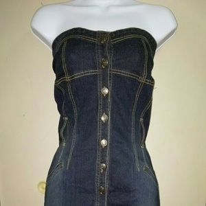 Halter style denim/ jean, knee length dress.