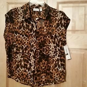 Leopard print button down silk sheer blouse - New