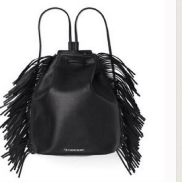NEW Victoria's Secret fringe black drawstring bag - Picture 2 of 8